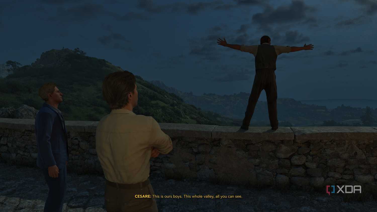 Enzo and Leo looking at Cesare standing on a bridge in Mafia: The Old Country.