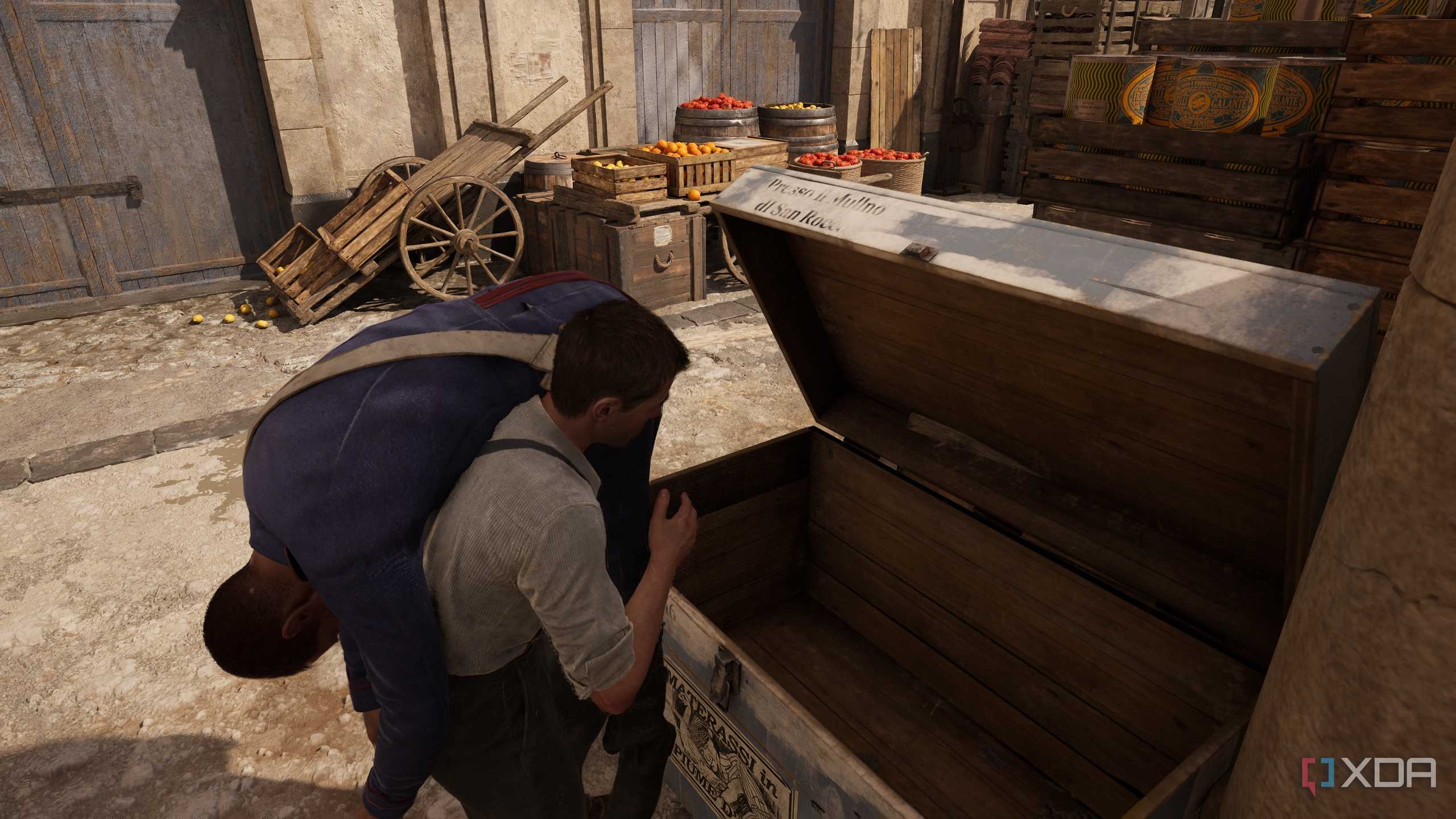 Enzo hiding a corpse in a box in Mafia: The Old Country.