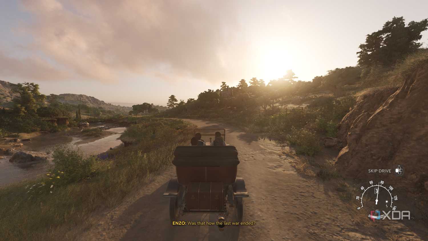 Riding a car at dusk in Mafia: The Old Country.