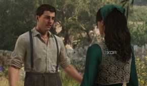 Enzo and Isabella talking in a lawn in Mafia: The Old Country.