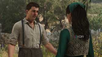 Enzo and Isabella talking in a lawn in Mafia: The Old Country.