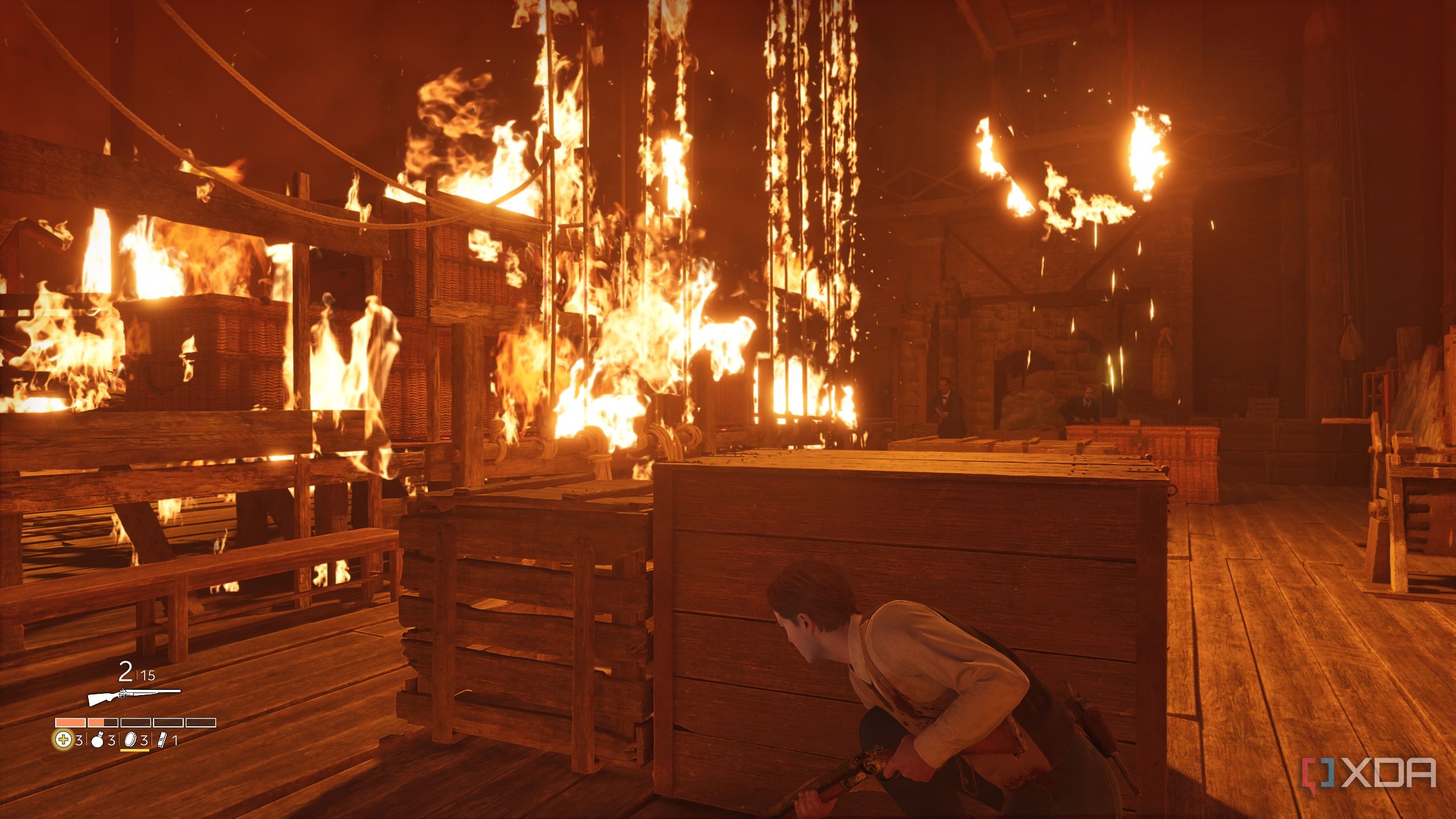 Enzo taking cover in a burning opera.