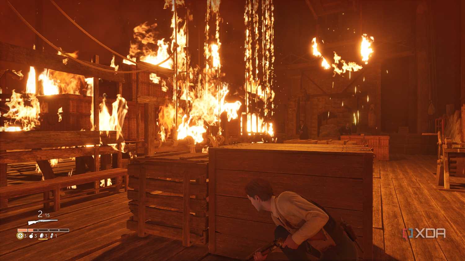 Enzo taking cover in a burning opera.