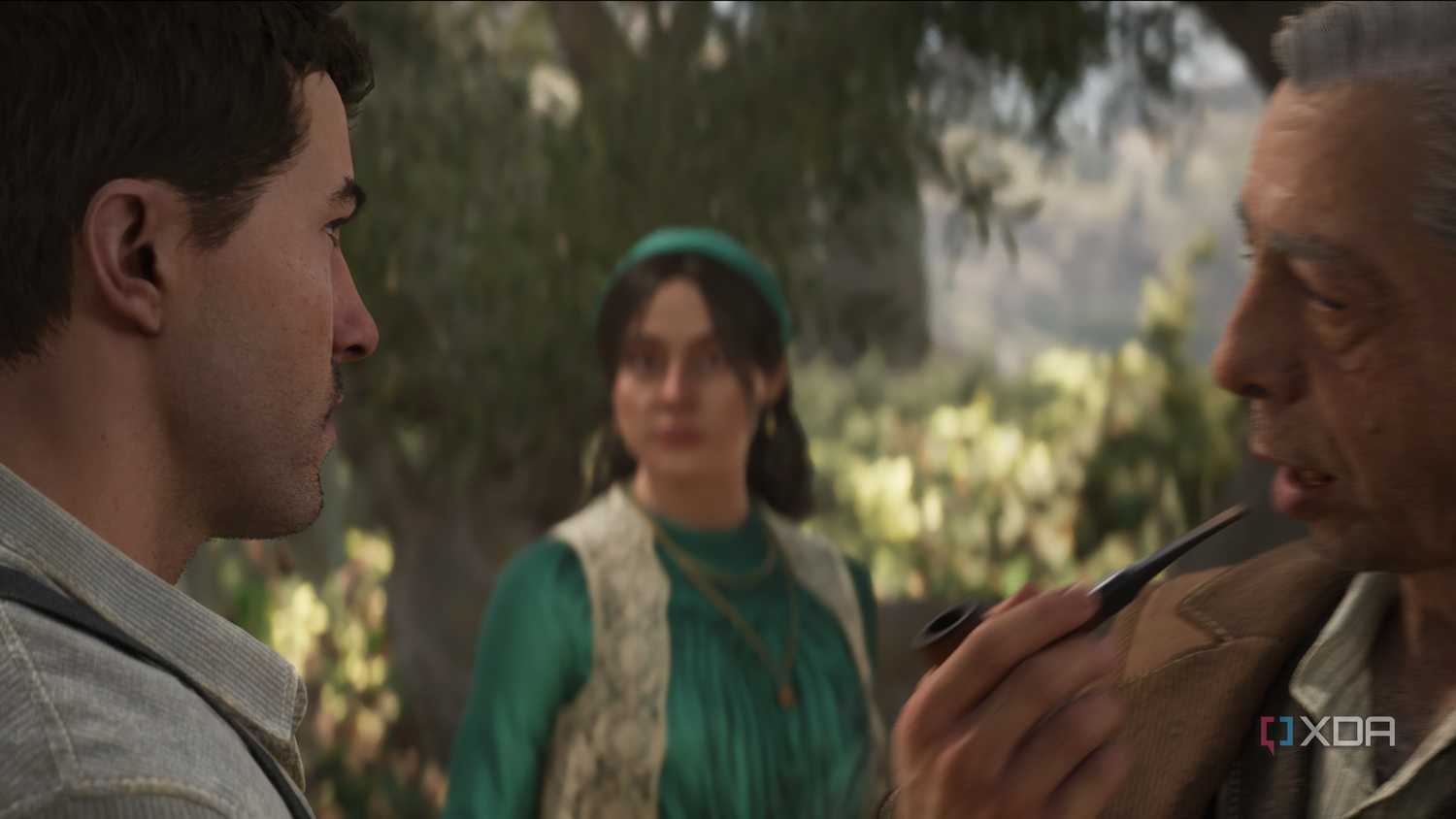 Tino Russo looking at Enzo with Isabella in Mafia: The Old Country.