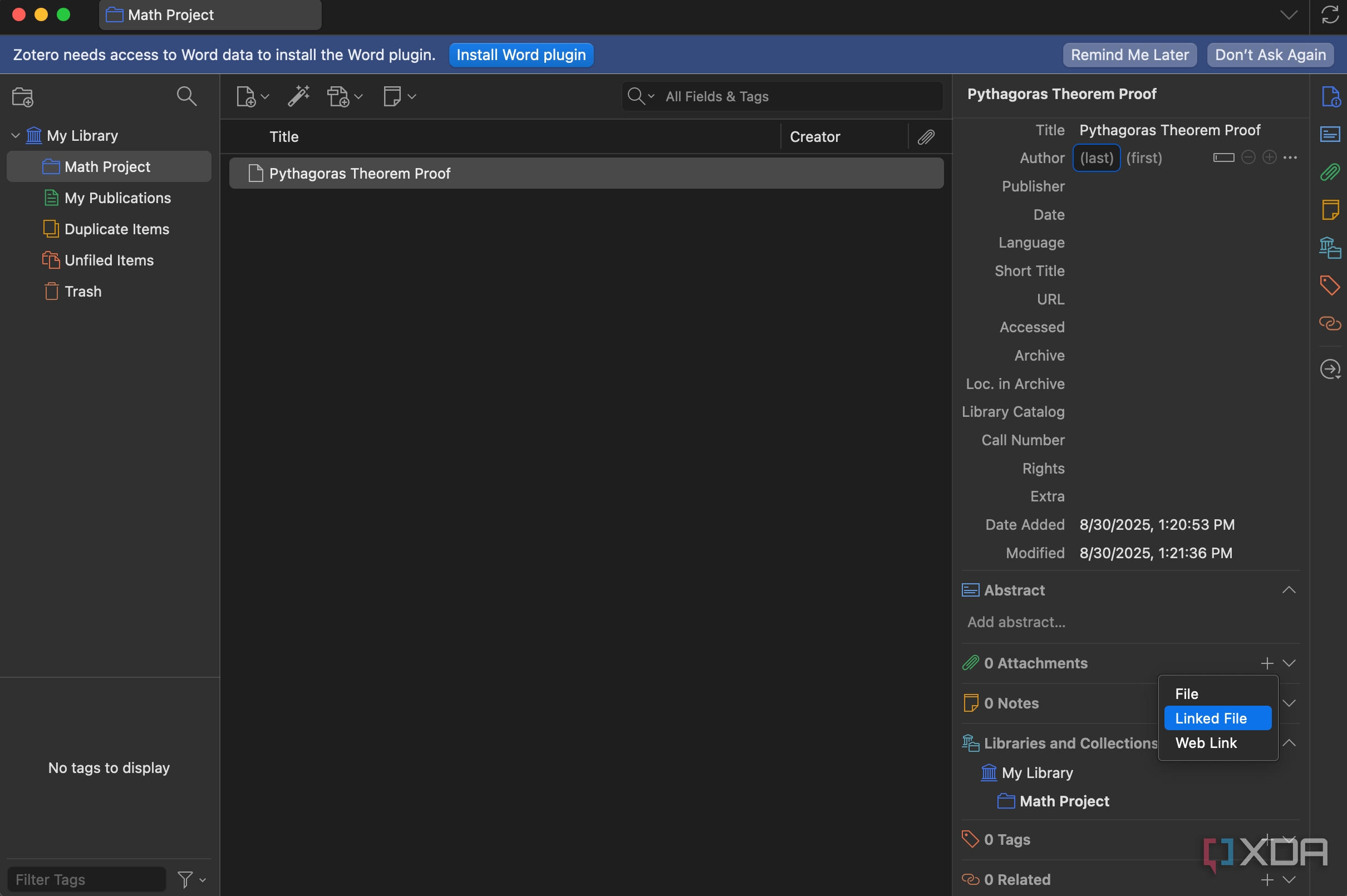Manually adding a file on Zotero