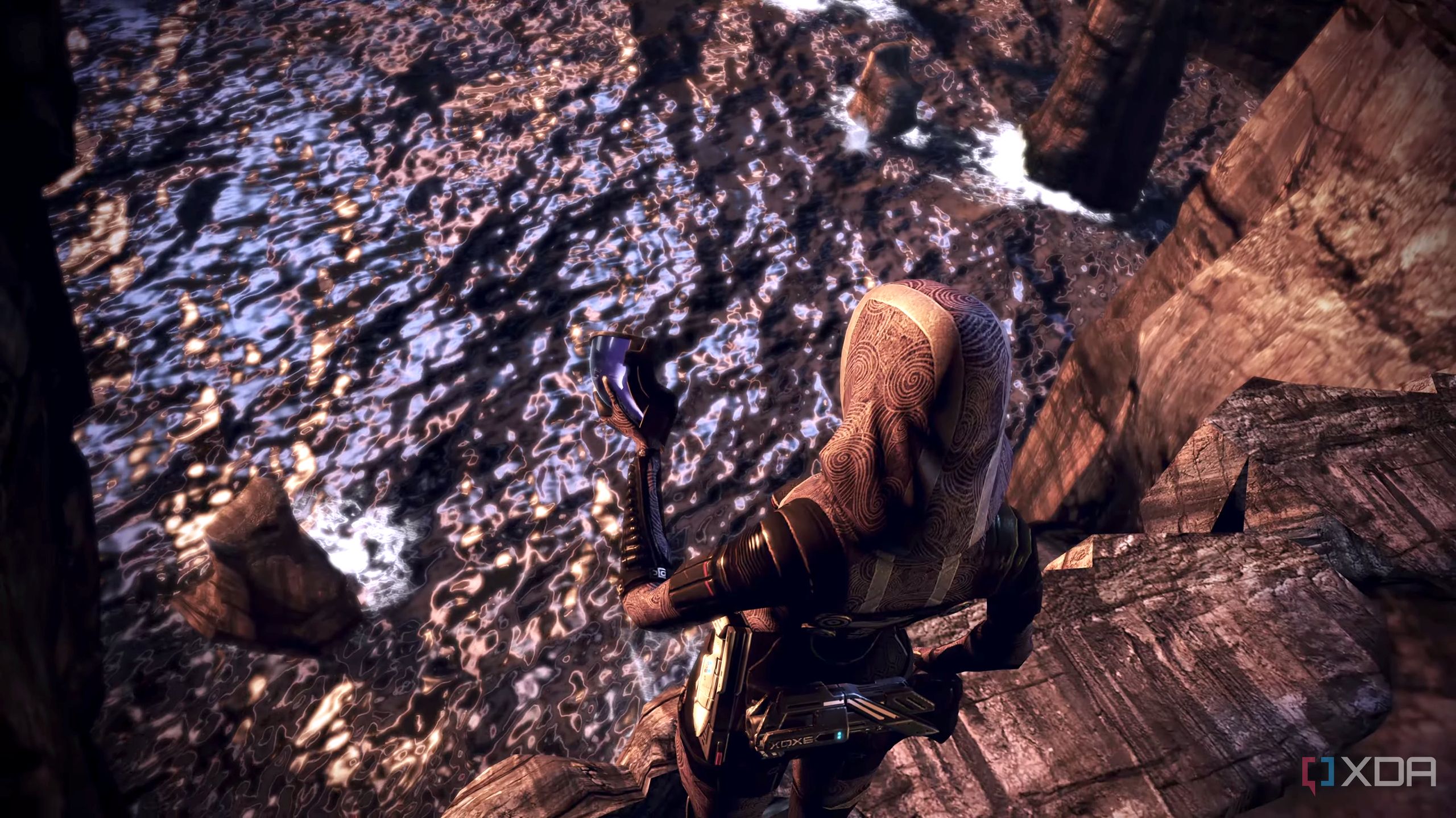 Tali'Zorah taking off her mask in Mass Effect 3.
