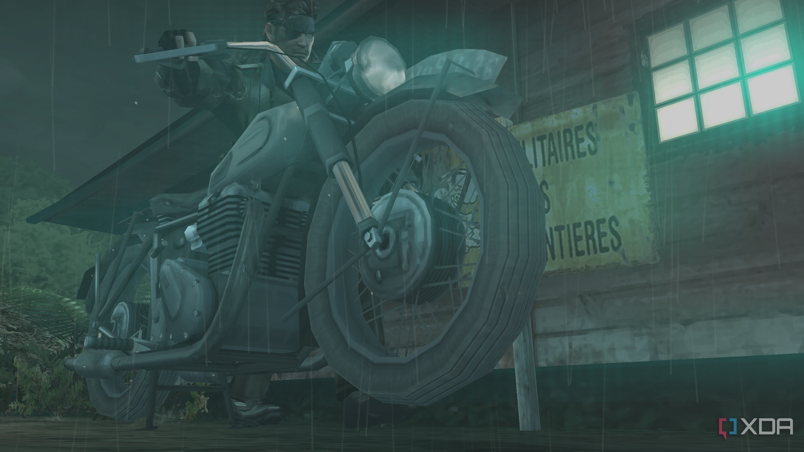 Big Boss parking his bike in Metal Gear Solid: Peace Walker on the PSP.