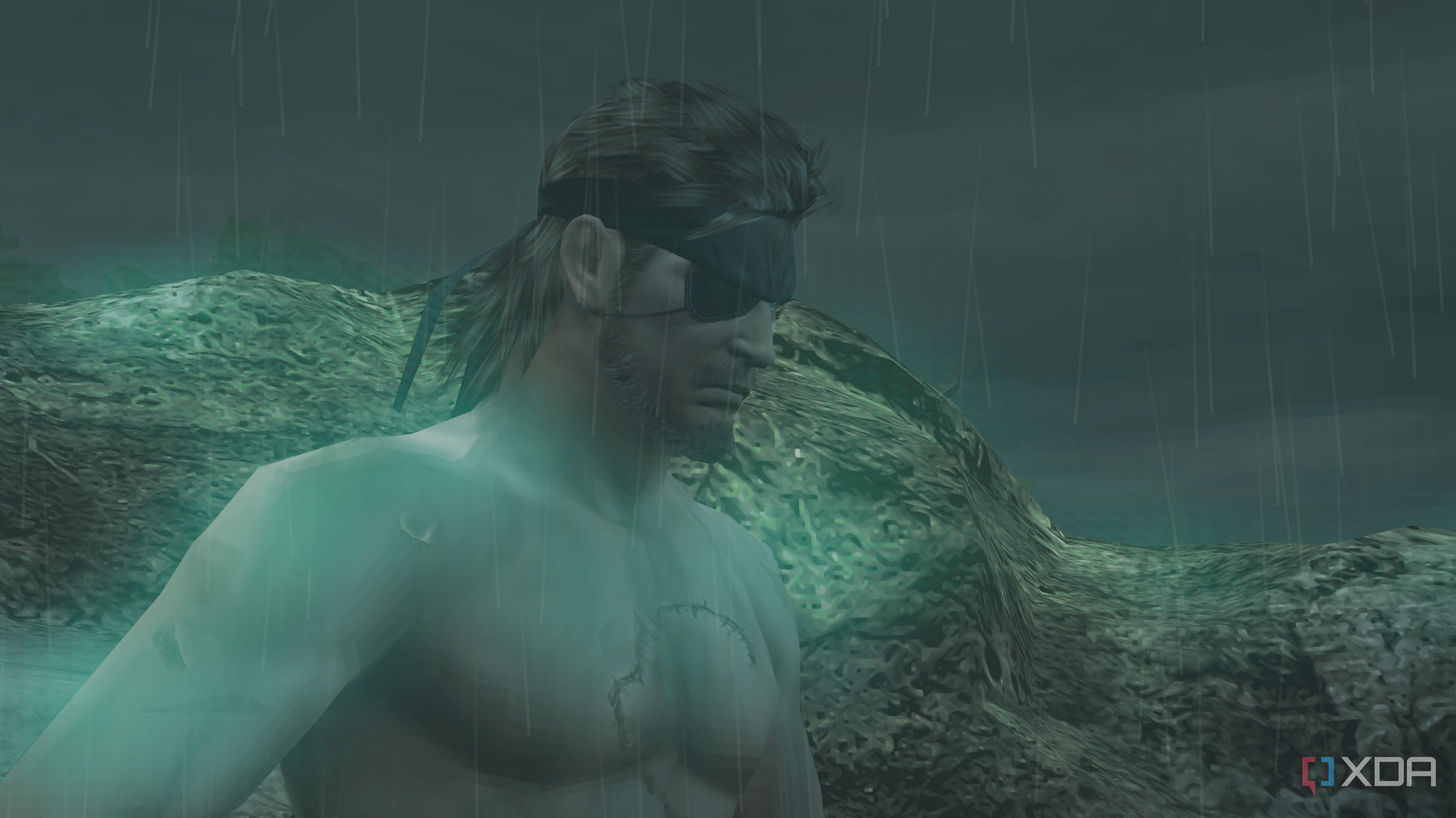 A shirtless Big Boss in Metal Gear Solid: Peace Walker on the PSP.
