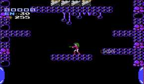 A screenshot from Metroid on the NES, showing Samus in a pink bodysuit.