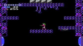 A screenshot from Metroid on the NES, showing Samus in a pink bodysuit.
