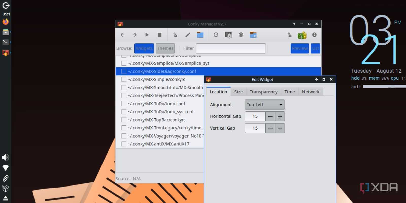 screenshot of mx linux desktop widgets edit