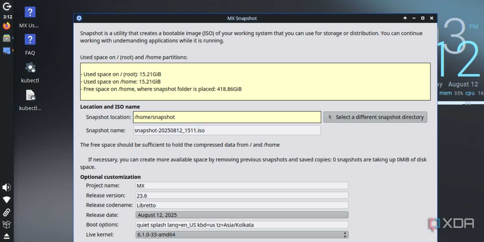 screenshot of mx linux tools snapshots