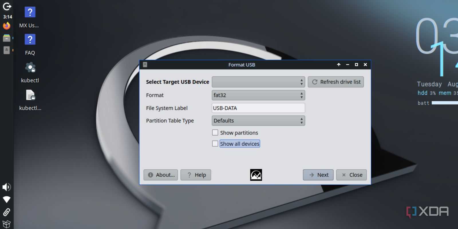 screenshot of mx linux usb format tool