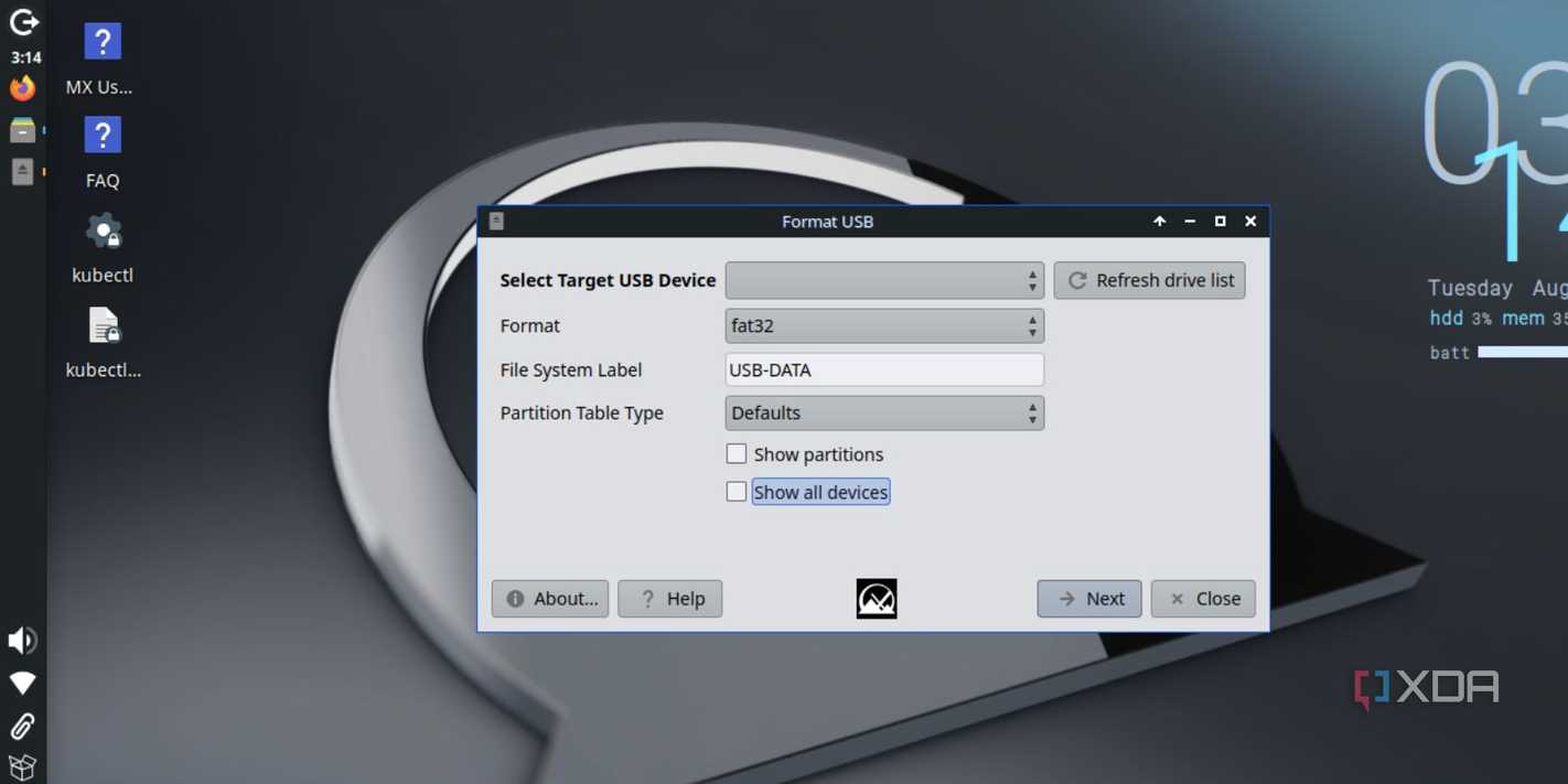screenshot of mx linux usb format tool
