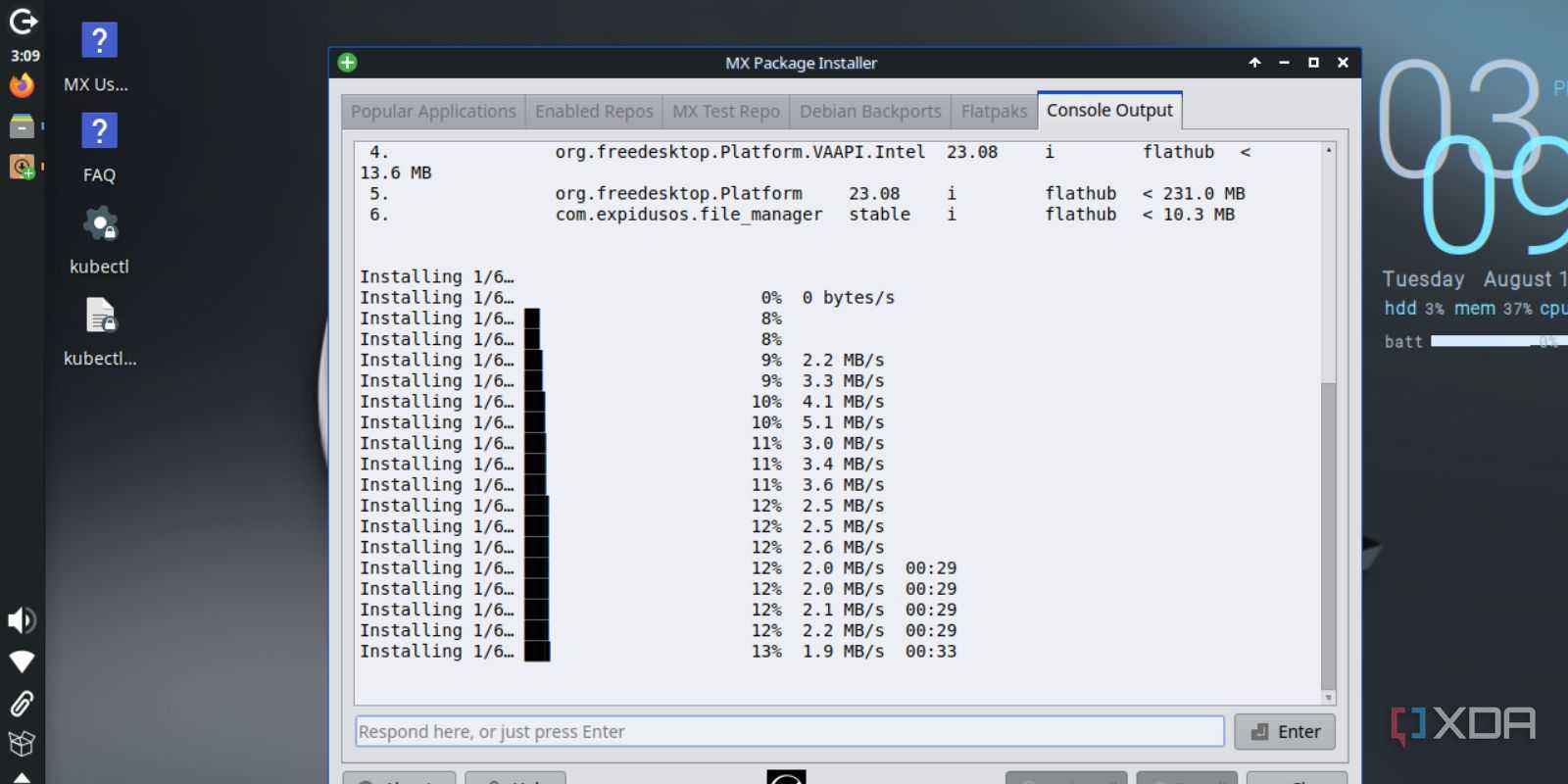 screenshot of mx linux xfce package flatpak app install terminal view