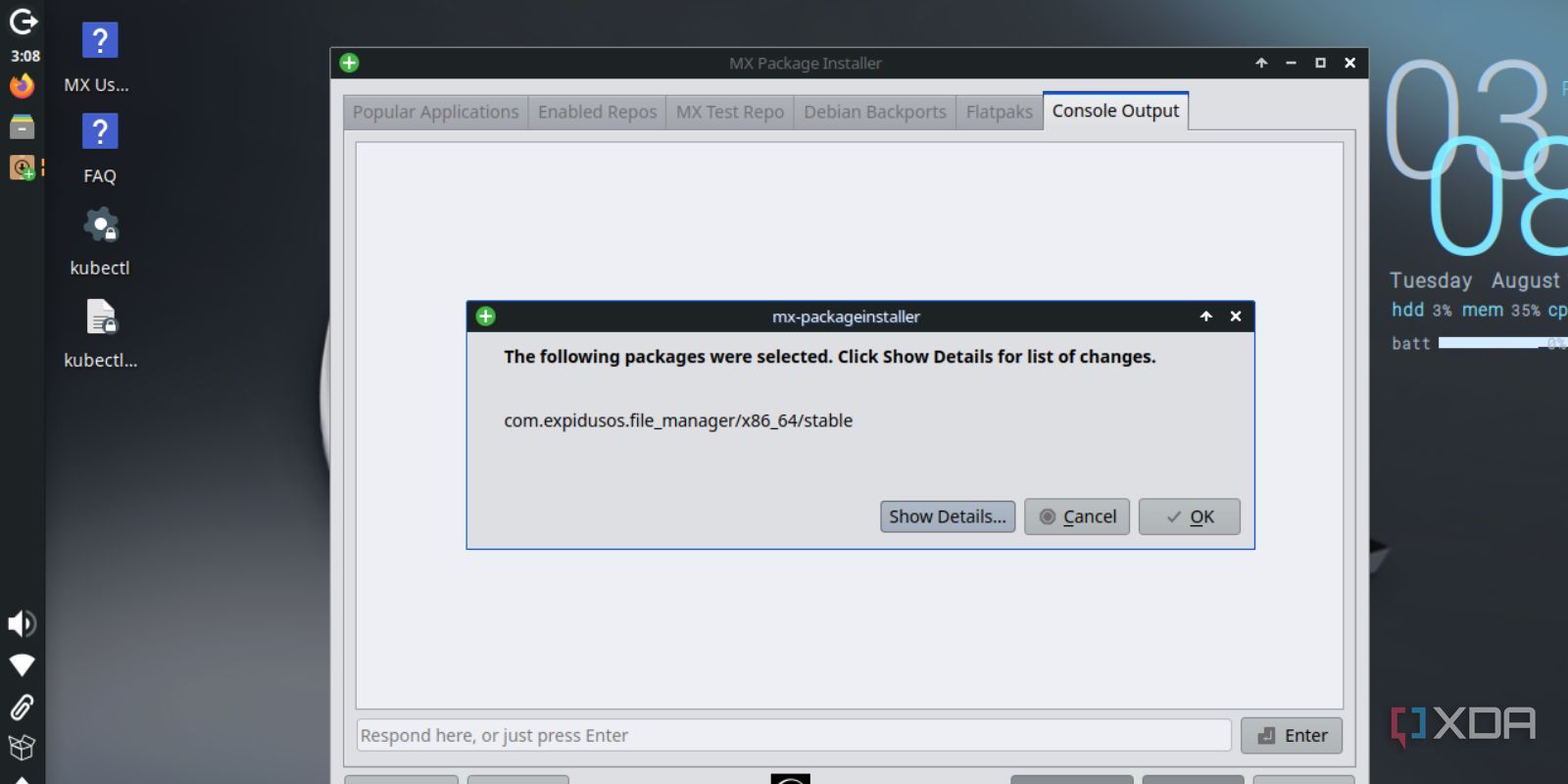 screenshot of mx linux xfce package flatpak app install