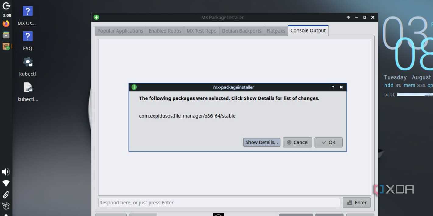 screenshot of mx linux xfce package flatpak app install