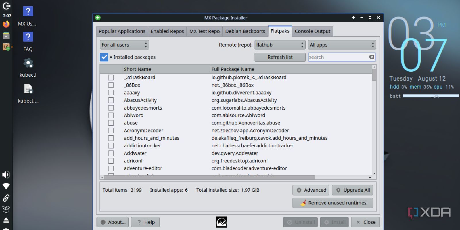 screenshot of mx linux xfce package flatpak