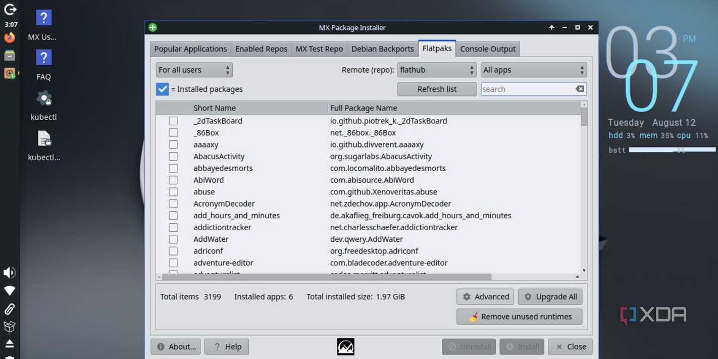 screenshot of mx linux xfce package flatpak