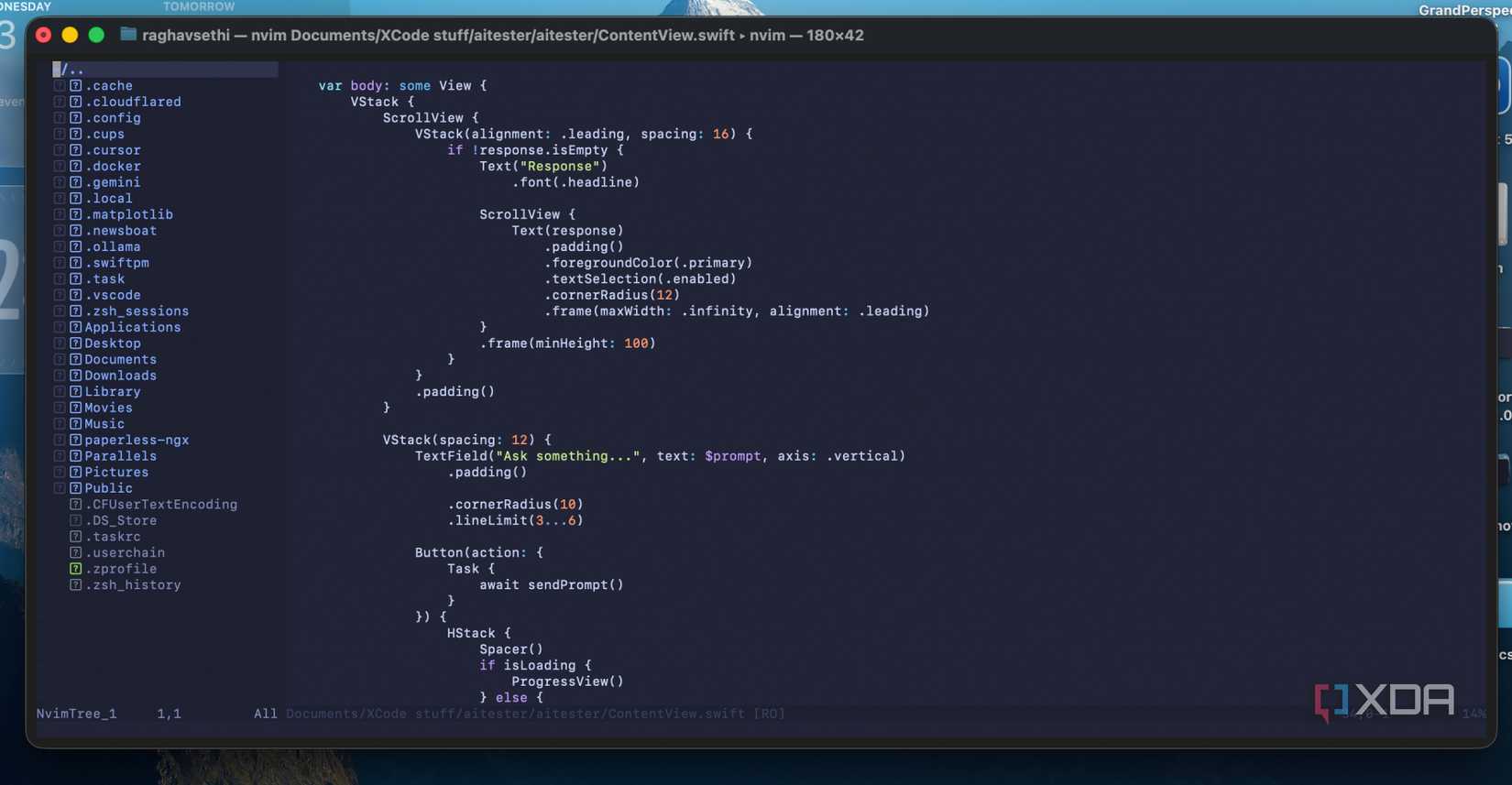 Neovim en una ventana de terminal con un archivo Swift abierto