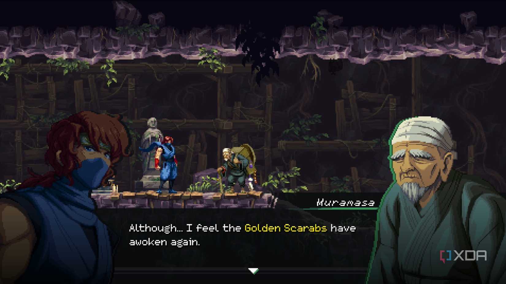 A screenshot of Kenji talking to the shopkeeper in Ninja Gaiden: Ragebound