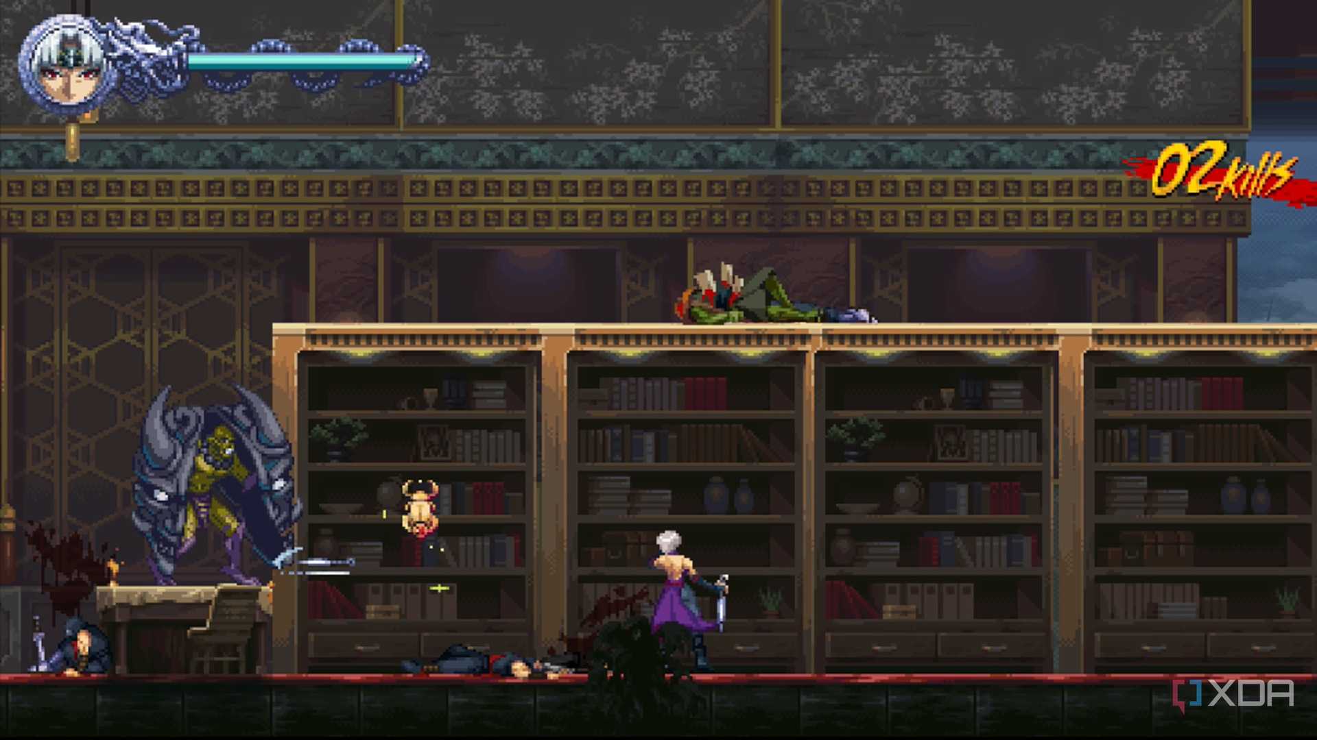 A screenshot of Kumori in a library in Ninja Gaiden: Ragebound