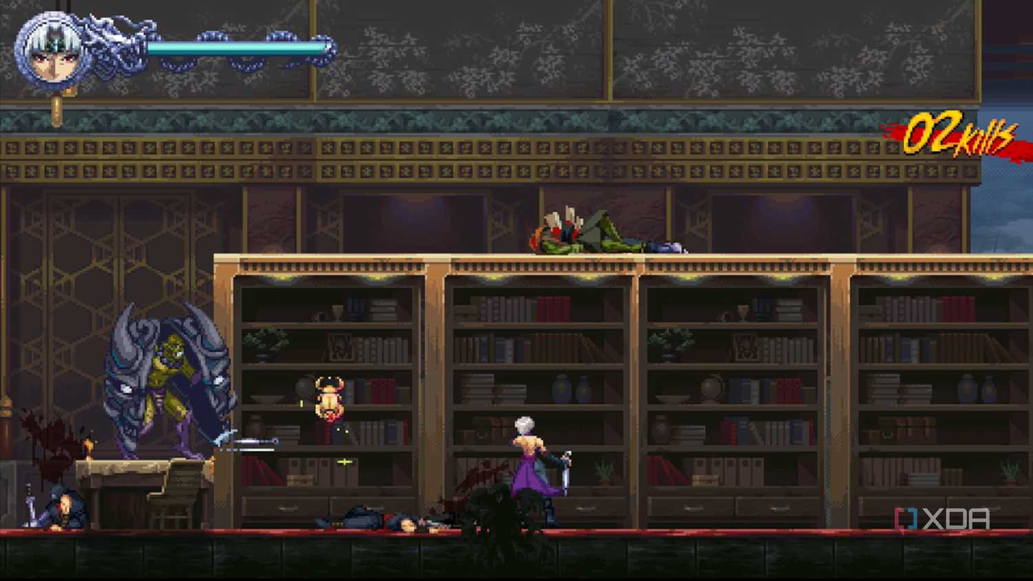 A screenshot of Kumori in a library in Ninja Gaiden: Ragebound