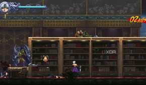 A screenshot of Kumori in a library in Ninja Gaiden: Ragebound