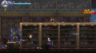 A screenshot of Kumori in a library in Ninja Gaiden: Ragebound
