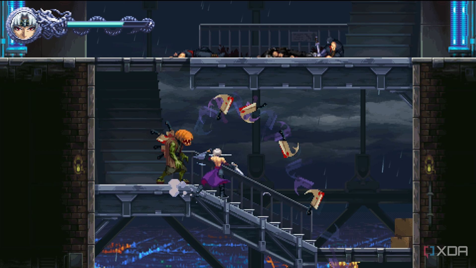 A screenshot of Kumori fighting enemies in Ninja Gaiden: Ragebound
