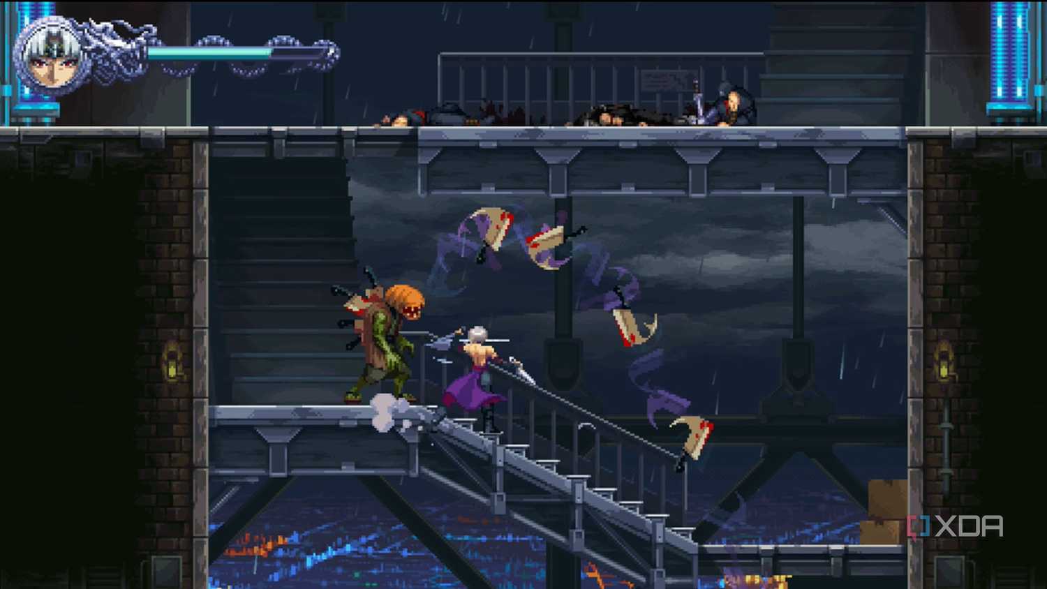 A screenshot of Kumori fighting enemies in Ninja Gaiden: Ragebound
