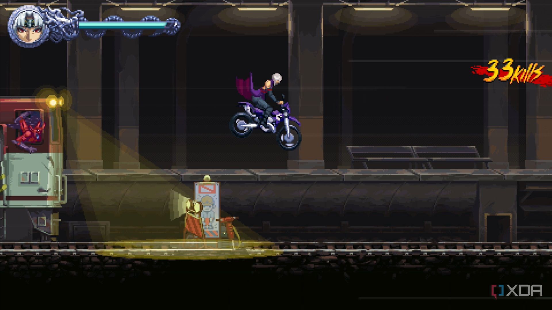 A screenshot of Kumori riding a motorcycle in Ninja Gaiden: Ragebound