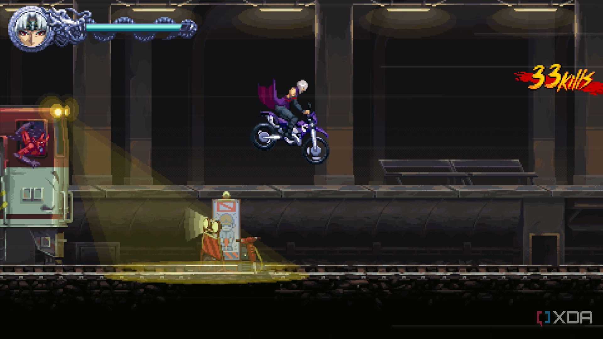 A screenshot of Kumori riding a motorcycle in Ninja Gaiden: Ragebound
