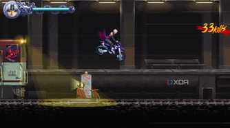 A screenshot of Kumori riding a motorcycle in Ninja Gaiden: Ragebound