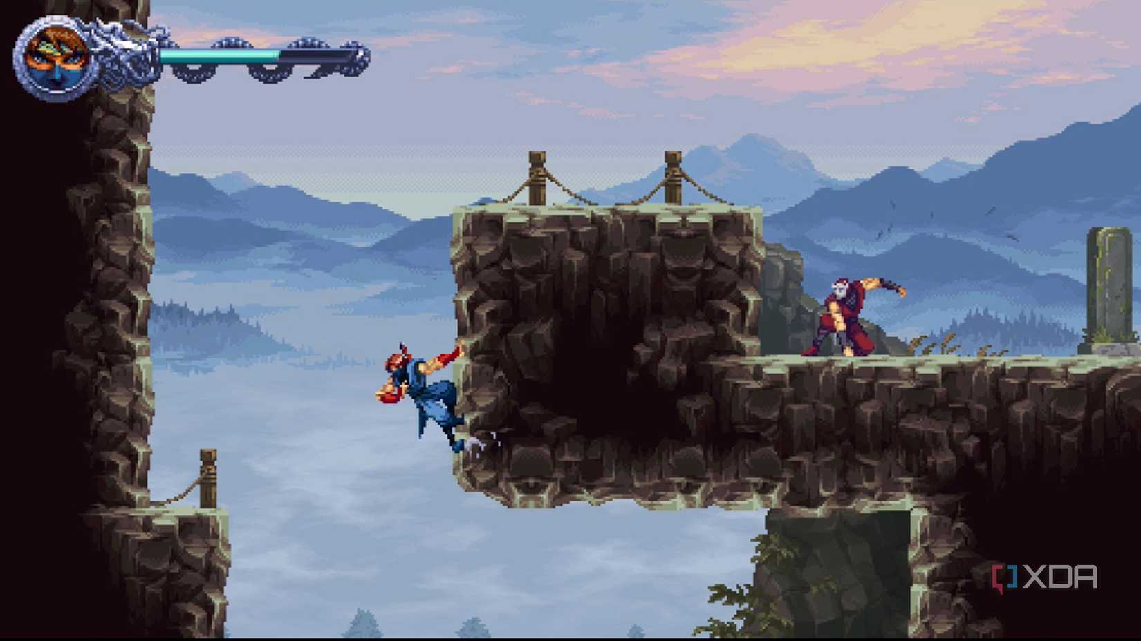 A screenshot of Kenji hanging on a cliff in Ninja Gaiden: Ragebound