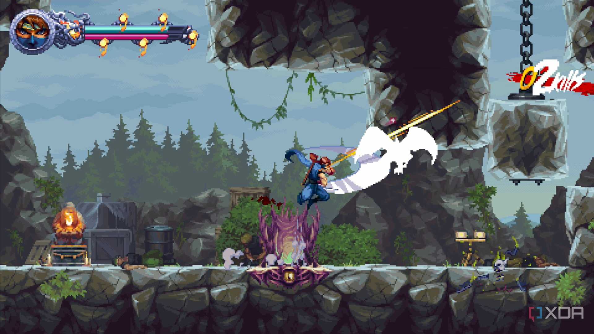 A screenshot of Kenji battling enemies in a stage from Ninja Gaiden: Ragebound