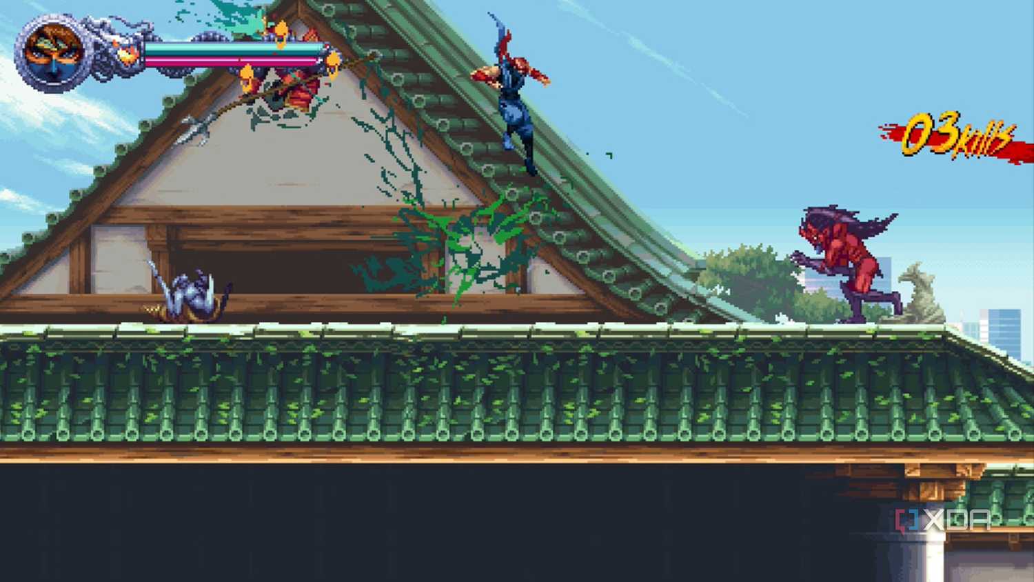 A screenshot of Kenji jumping on a Japanese tower rooftop in Ninja Gaiden: Ragebound