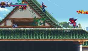 A screenshot of Kenji jumping on a Japanese tower rooftop in Ninja Gaiden: Ragebound