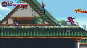 A screenshot of Kenji jumping on a Japanese tower rooftop in Ninja Gaiden: Ragebound