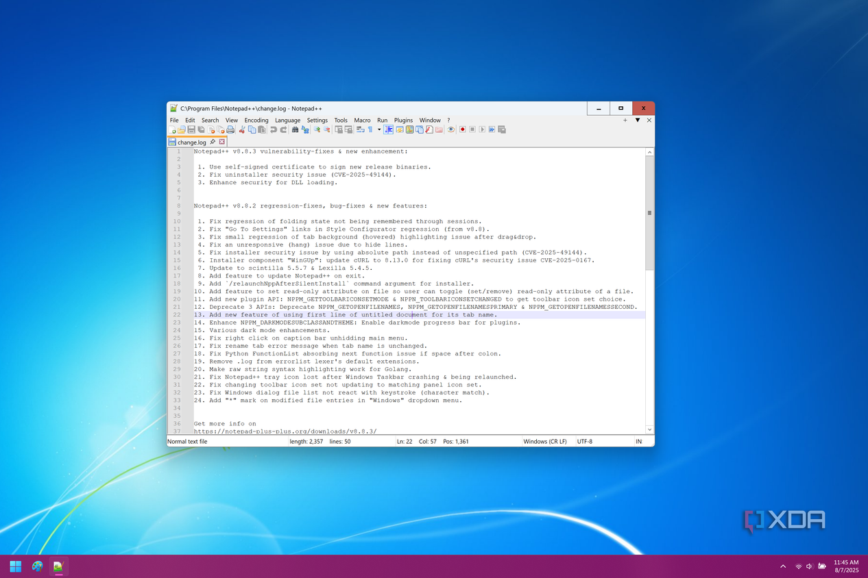 Screenshot of Notepad++ on Windows 11 showing the default log file using the default light theme