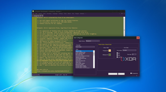 Screenshot of Notepad++ on Windows 11 showing the default log file and a settings window showing various theming options