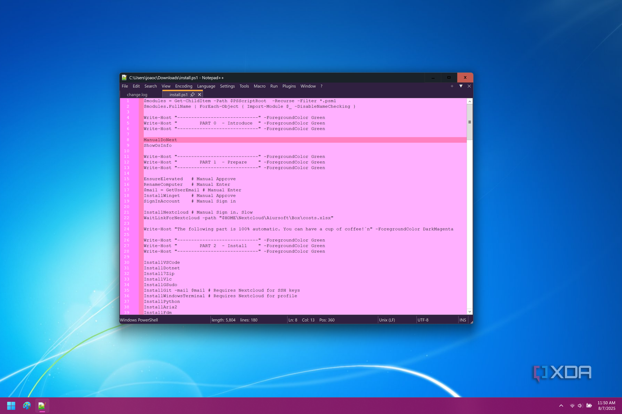 Screenshot of Notepad++ on Windows 11 showing a PowerShell script using the Hello Kitty theme