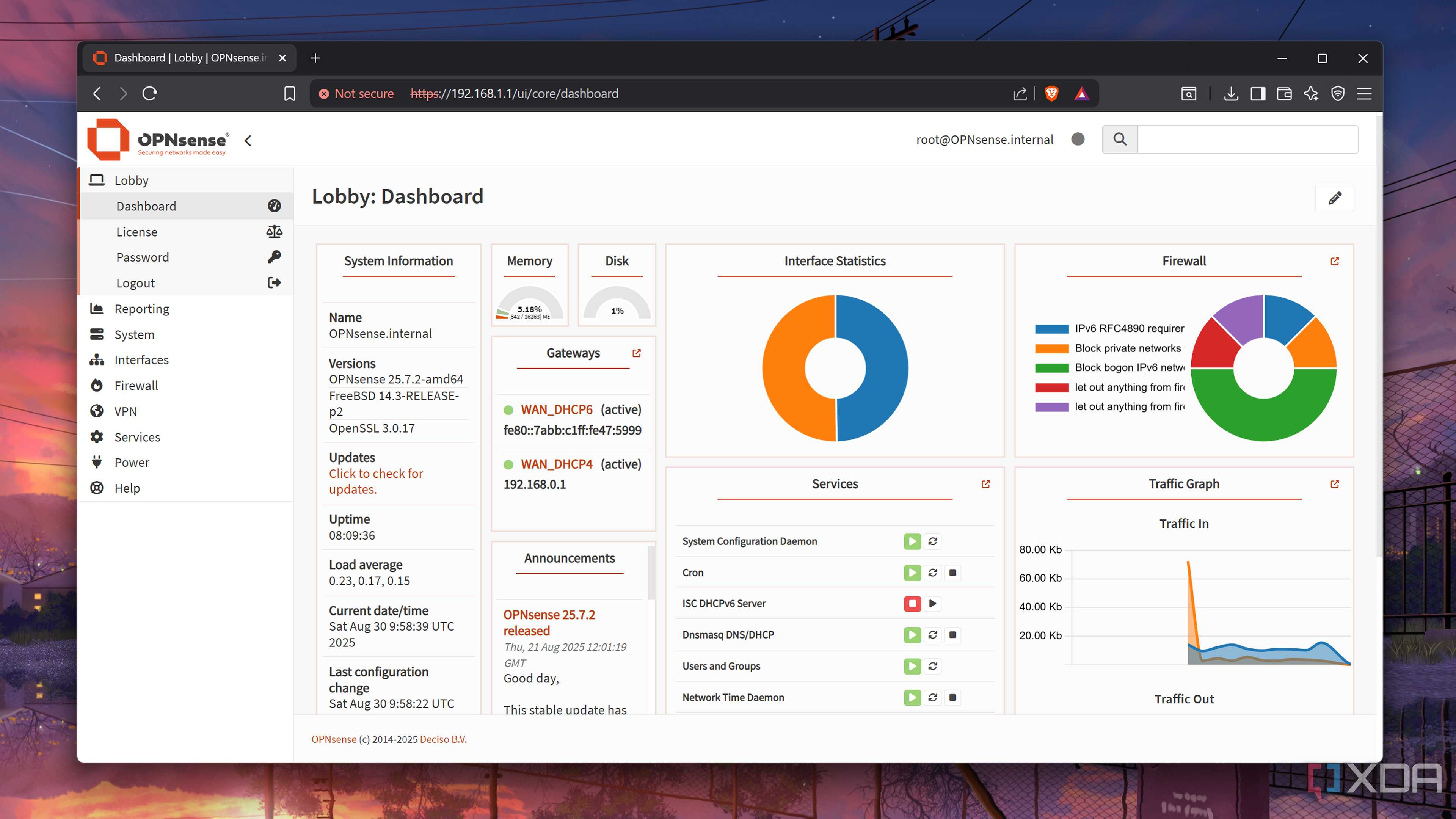 The OPNsense dashboard
