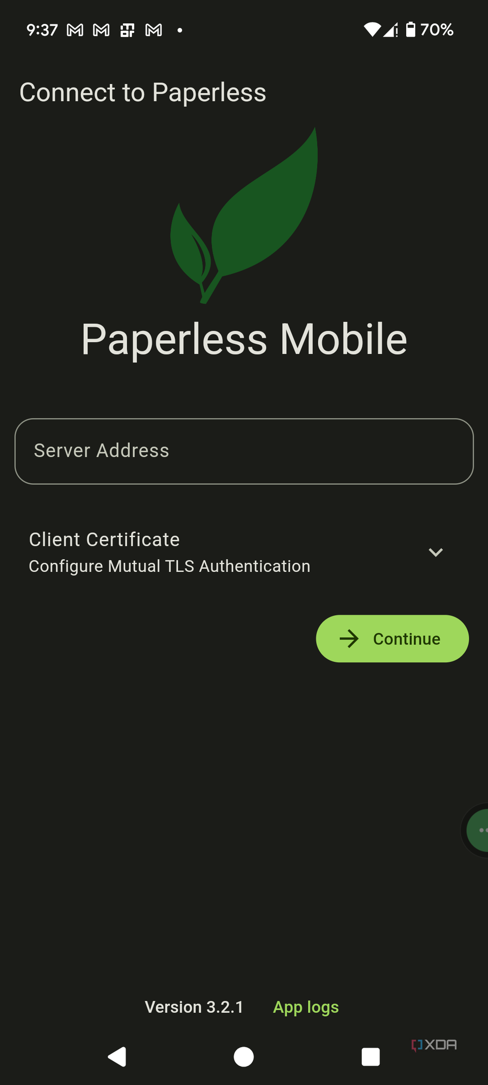 Login page in Paperless mobile app