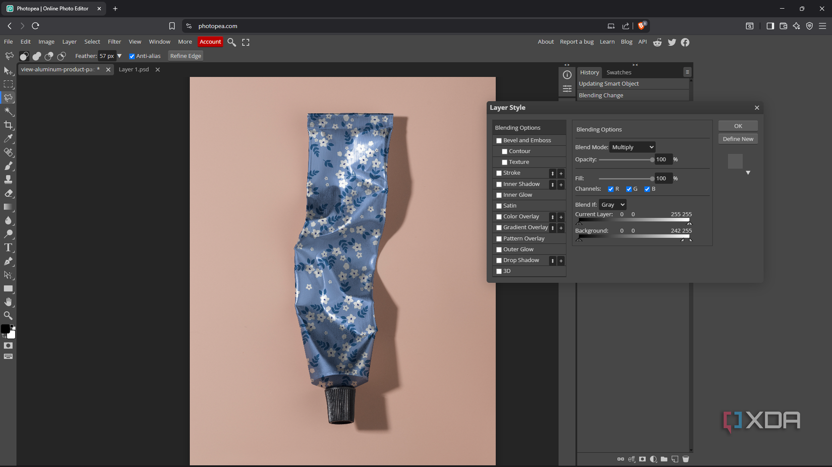 Photopea adjusting the blending options, image of a tube with a flower print