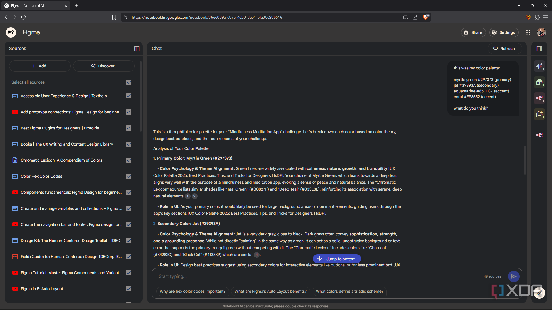 Prompting NotebookLM for feedback of color palette