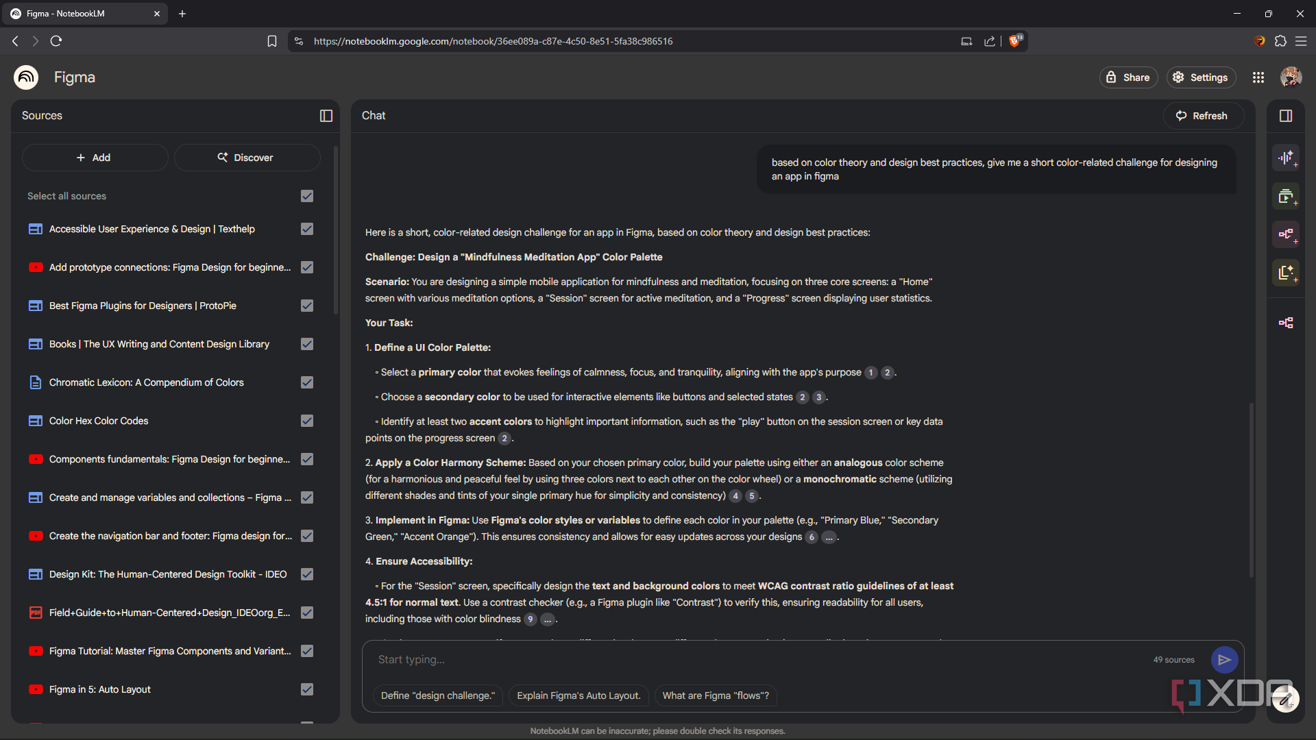 Promting NotebookLM to provide color-related design challenge