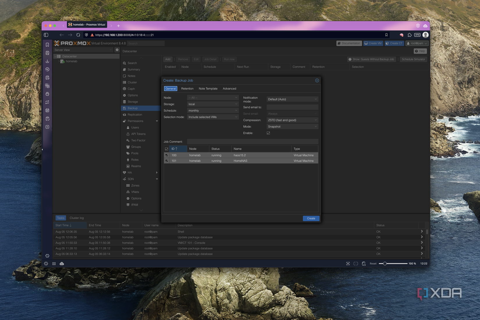 Captura de pantalla de la interfaz de usuario web de Proxmox que muestra opciones para configurar una copia de seguridad