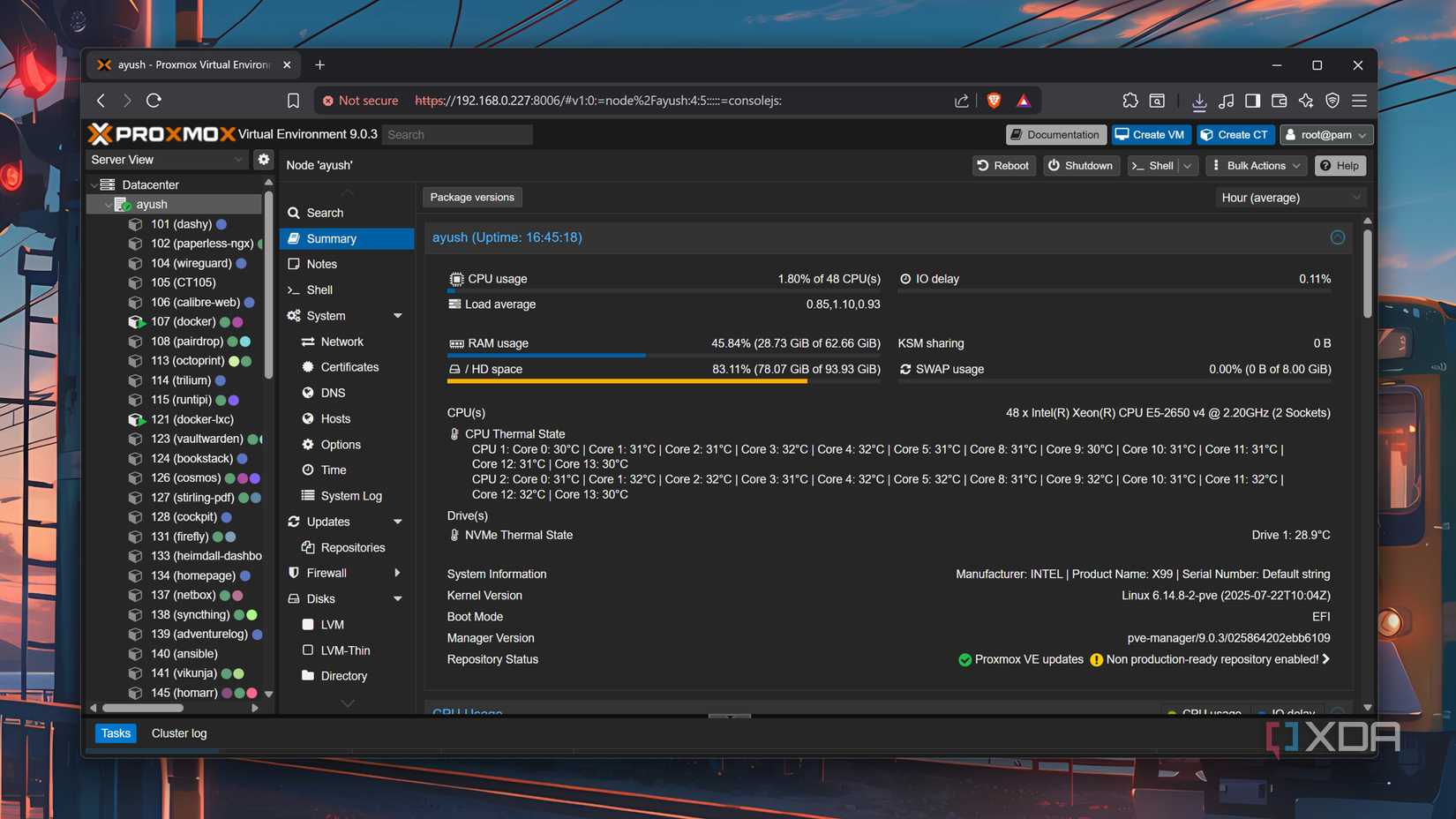The sensor readings on the Proxmox Summary tab