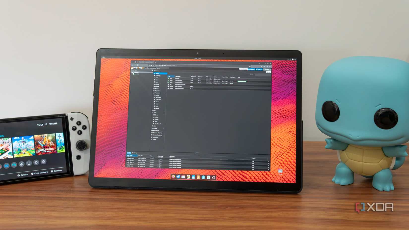 Планшет под управлением Ubuntu с веб-интерфейсом Proxmox, отображающим информацию о различных серверах, работающих в Proxmox.